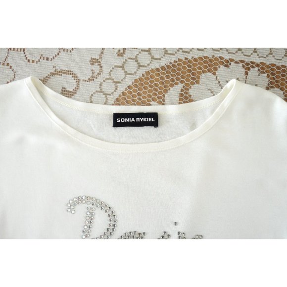 Vtg Y2K 00s Sonia Rykiel Ivory Jeweled Paix Short Sleeve Tee Shirt est Small M - Picture 4 of 5